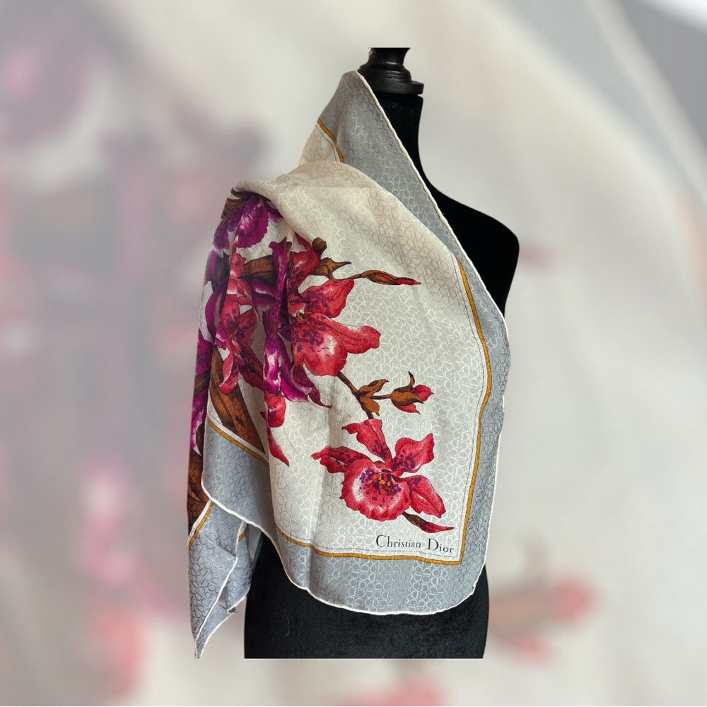 Dior Floral Silk Scarf - Gray‎ and Red